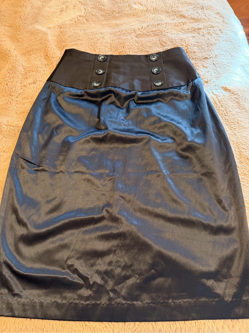 BCX Black Satin High-Waist Button-Detail Pencil Skirt